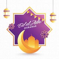 Eid al-Adha Mubarak fuente con dorado creciente luna, mezquita, colgando linternas y verderón banderas decorado púrpura rub-el-hizb forma en blanco Arábica modelo antecedentes. vector