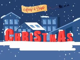 3D Christmas Text With Snow Falling And Buildings Illustration On Blue Background. vector