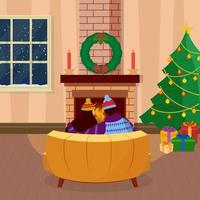 Back View Of Couple Sitting At Sofa In Front Of Fireplace With Decorative Xmas Tree And Gift Boxes In Interior View. vector