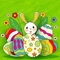 Cartoon Cute Bunny with Colorful Printed Bunnies and Flowers on Green Texture Background. vector