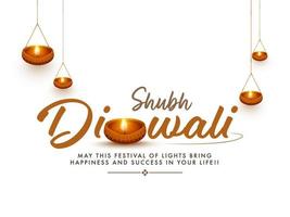 Shubh Diwali Font With Illuminated Oil Lamps Decorated On White Background. vector