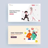 Find your perfect match landing page set with loving couple character for wedding or dating. vector