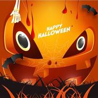 Happy Halloween Celebration Poster Design with Jack-O-Lantern, Dripping Blood, Skeleton Hand and Fly Bats on Grass Background. vector