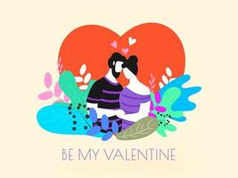 Faceless Loving Couple Character holding Hand on Colorful Tropical Leaves and Hearts Background for Be My Valentine Concept. vector