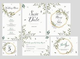 Boda invitación, menú, salvar el fecha, mesa número, gracias usted y rsvp tarjeta decorado hojas. vector