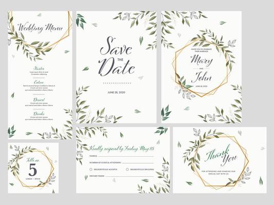 Wedding Invitation, Menu, Save The Date, Table Number, Thank You and RSVP Card Decorated Leaves.