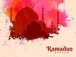 Silhouette Mosque with Watercolor Splash Effect on Pastel Peach Background for Ramadan Kareem Celebration. vector