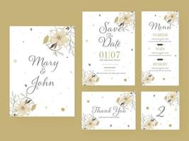 Wedding Invitation Template Layout, Save The Date, Menu Details and Thank You Card Decorated with Flowers. vector