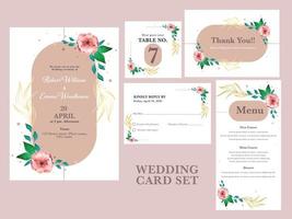 Floral Wedding Invitation, Table Number, Menu, Thank You and RSVP Card on Pink Background. vector