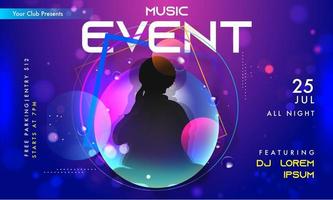 Music Event Invitation, Banner or Flyer Design with Silhouette Female on Purple and Blue Abstract Bokeh Background. vector