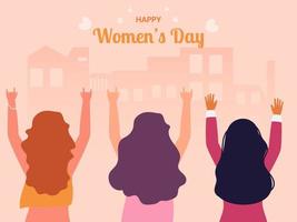 Happy Women's Day Concept With Back View Of Young Girls Character On Pastel Peach Buildings Background. vector