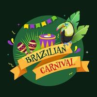 Brazilian Carnival Text Ribbon With Cartoon Toucan Bird, Leaves And Music Instrument On Green Background. vector