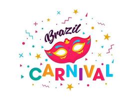 vistoso Brasil carnaval texto con fiesta máscara decorado papel picado en blanco antecedentes. vector