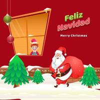 Merry Christmas Text in Spanish Language with Cartoon Boy, Xmas Trees and Santa Claus Lifting A Heavy Bag on Red Snowy Background. vector