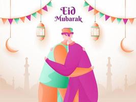 Cartoon Muslim Men Hugging Each Other with Hanging Crescent Moon, Lanterns and Bunting Flags Decorated on Mosque Glossy Background for Eid Mubarak Celebration. vector