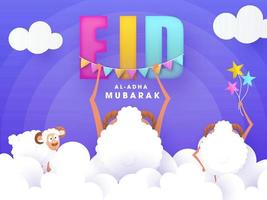 Eid al-Adha Mubarak texto con dibujos animados Tres oveja y papel cortar nubes decorado en azul antecedentes. vector