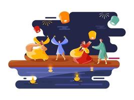 Illustration of Young Couples Enjoying Or Celebrating With Sparkle Sticks And Sky Lanterns On Abstract Background For Happy Diwali. vector