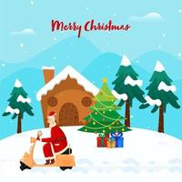 Illustration of Cheerful Santa Claus Riding Scooter with Xmas Trees, Gift Boxes, Snowy House on Blue and White Snowfall Background. vector