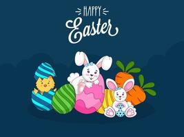 Cute Easter Bunny, Chick, Colorful Eggs, and Carrots on Teal Blue Background. Happy Easter. vector