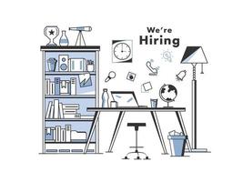 We're Hiring Concept with Office Workplace, Shelf and Business Elements on White Background. vector