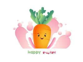 Happy Easter Poster Design with Cartoon Carrot and Paper Cut Leaves on Abstract White Background. vector