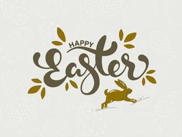 Calligraphy Happy Easter Text with Running Rabbit in Olive Green Color on White Eggs Pattern Background. vector