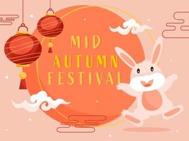 Mid Autumn Festival Poster Design with Cartoon Bunny Dancing, Clouds and Hanging Chinese Lanterns Decorated on Peach Background. vector