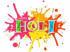 Happy Holi Text in Sticker Style on Splash Color Effect Background. vector