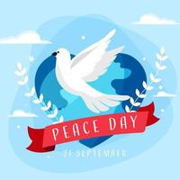 Heart Shape Earth Globe with Flying Dove and Olive Leaves on Blue Background for 21st September, Peace Day. vector