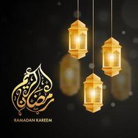 Golden Arabic Calligraphy of Ramadan Kareem Text with Hanging Illuminated Lanterns Decorated on Black Background. vector