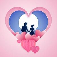 Paper Layer Cut Heart Shape Romantic Full Moon Background with Couple Character in Love. vector