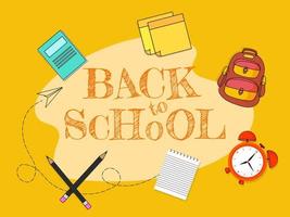 Scribble Style Back To School Text on Yellow Background Decorated with Supplies Elements. vector