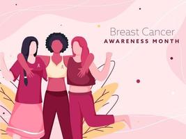 Breast Cancer Awareness Month Poster Design with Cartoon Fighter Young Women and Leaves on Pink Background. vector