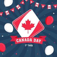 Vector Illustration of Canada Day Label with Flying Balloons and Bunting Flags Decorated on Blue Rays Background for 1st July Celebration.