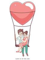 Cartoon Loving Couple Sitting on Heart Swing of Love is in the air concept. vector