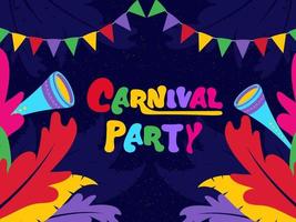 Colorful Carnival Party Text with Party Horns and Feather Decorated Blue Background. vector