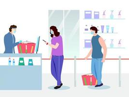 Illustration of Buyers wearing medical mask with product basket in front of supermarket store counter and maintaining social distance for Avoid Coronavirus. vector