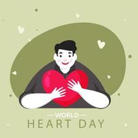 Illustration of Cheerful Young Man Hugging a Red Heart on Green Background for World Heart Day. vector