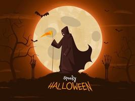 Full Moon Bronze Background with Bare Trees, Skeleton Hands, Flying Bats and Grim Reaper Illustration for Spooky Halloween Celebration. vector