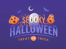 Spooky Halloween Treat Or Trick Text with Ghost, Jack-O-Lanterns, Flying Bats and Crescent Moon on Purple Background. vector