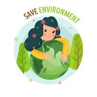 Illustration of Cartoon Girl Hugging a Earth Globe with Green Trees on White background for Save Environment Concept. vector