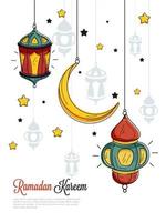 Ramadán kareem celebracion modelo diseño decorado con colgando creciente luna, linternas y estrellas decorado en blanco antecedentes. vector