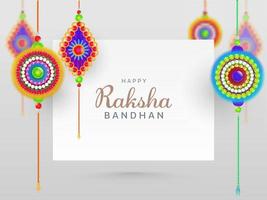 contento raksha Bandhan concepto con hermosa rakhis colgar en blanco antecedentes. vector