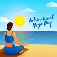espalda ver de joven mujer meditando en loto actitud con Mañana ver en playa antecedentes para internacional yoga día. vector