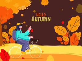 Young Girl Riding Bicycle With A Backpack On Nature View Brown Background For Hello Autumn. vector