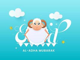 Eid-Al-Adha Mubarak Text with Paper Cartoon Sheep, Clouds and Stars on Sky Blue Background. vector