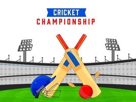 Close View of Cricket Equipment on Stadium Background for Championship Concept. vector