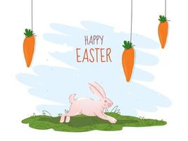 Happy Easter Celebration Concept with Rabbit Running and Hanging Carrot Decorated on Background. vector