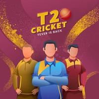 T20 Cricket Fever Is Back Text with Red Ball and Faceless Cricketers Character on Pink and Yellow Noise Brush Effect Background. vector
