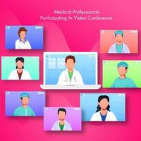 Medical Professional Participating in Video Conferencing by Laptop with Multiple Screens of Doctors and Nurses. vector